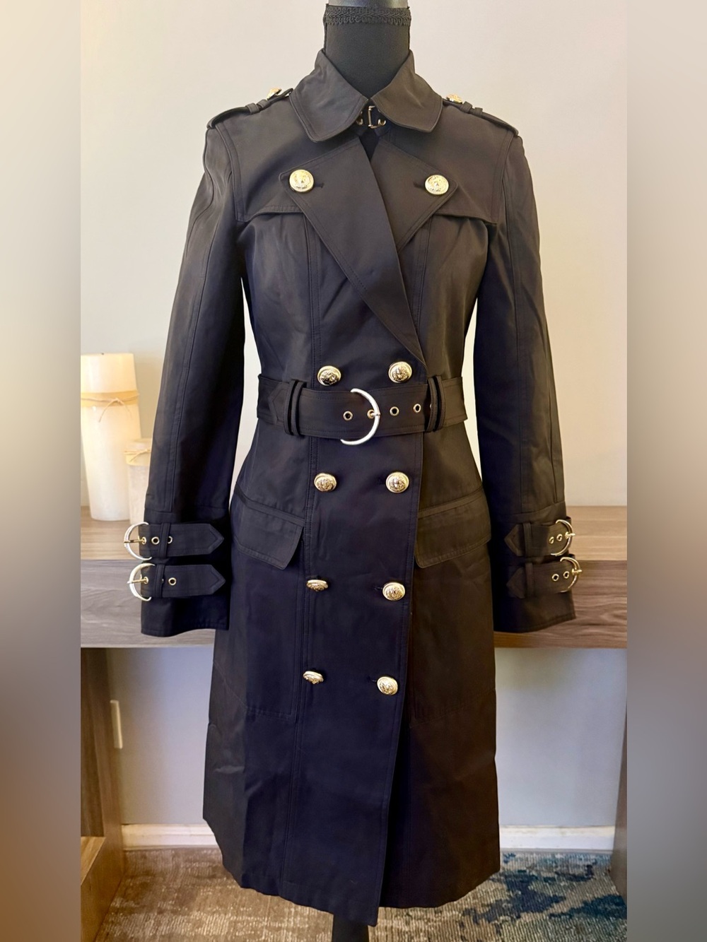 Luxury Silk Blend Black Trench Coat Military Chic Mob Wife Gold Lion Buttons S